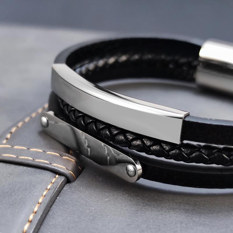 Custom Family Name Bracelet Stainless Steel Charms Bangle Braided Personalized Genuine Leather Men Bracelets Father's Day gifts