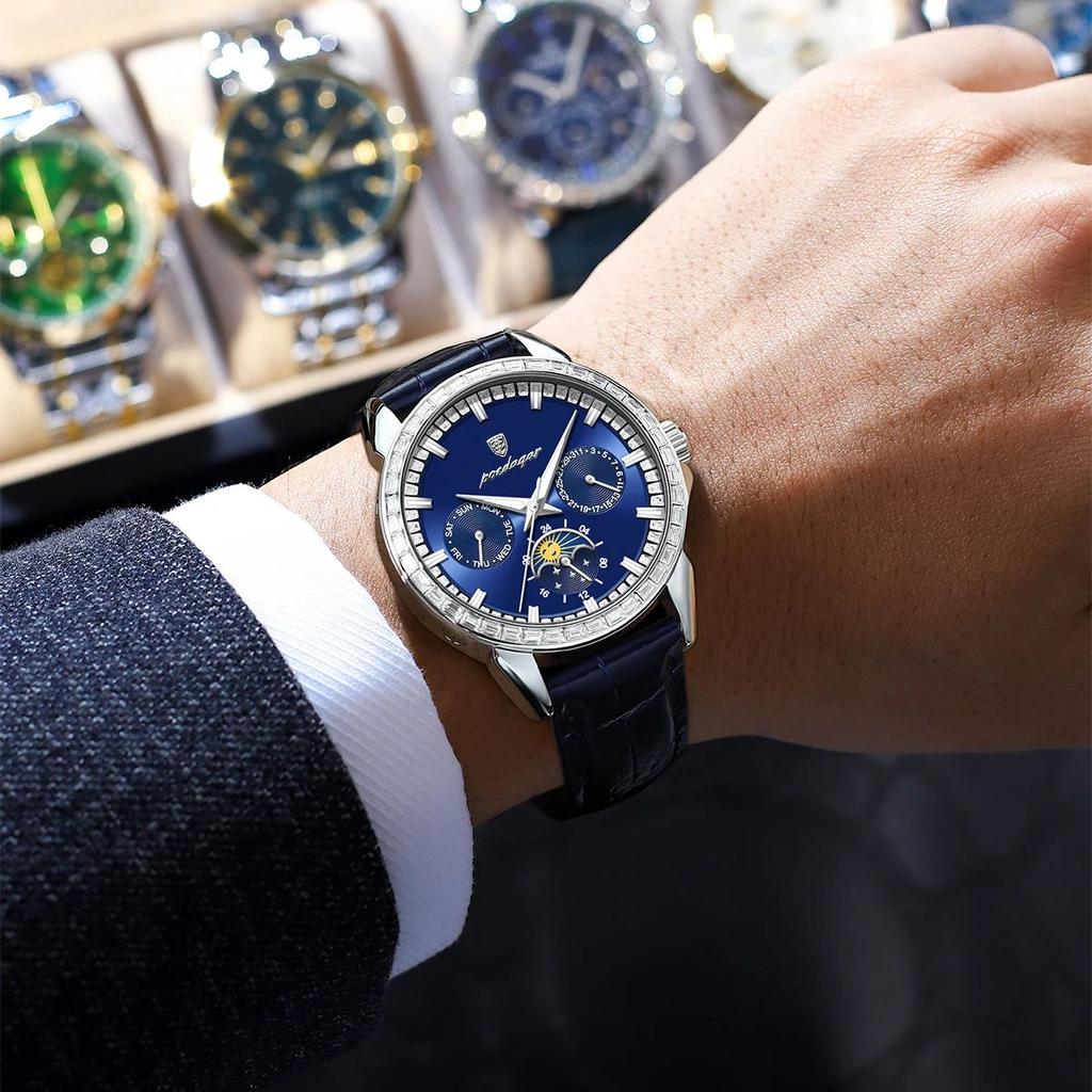 Herren-Quarzuhr mit Diamantenbesatz, Drei-Augen-Sechs-Zeiger-Mondphasen-Zifferblatt, Wasserdichte Herrenuhr mit Leuchtzeigern für Business und Freizeit, Geschenk für die Feiertage