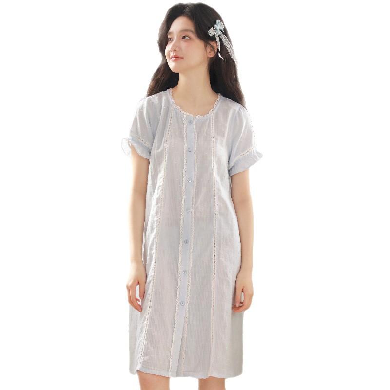 Sommerpyjama Damenpyjama neuer kurzärmeliger Rundhalsausschnitt reine Baumwollgaze dünn kann draußen getragen werden Damen-Hauskleid 11