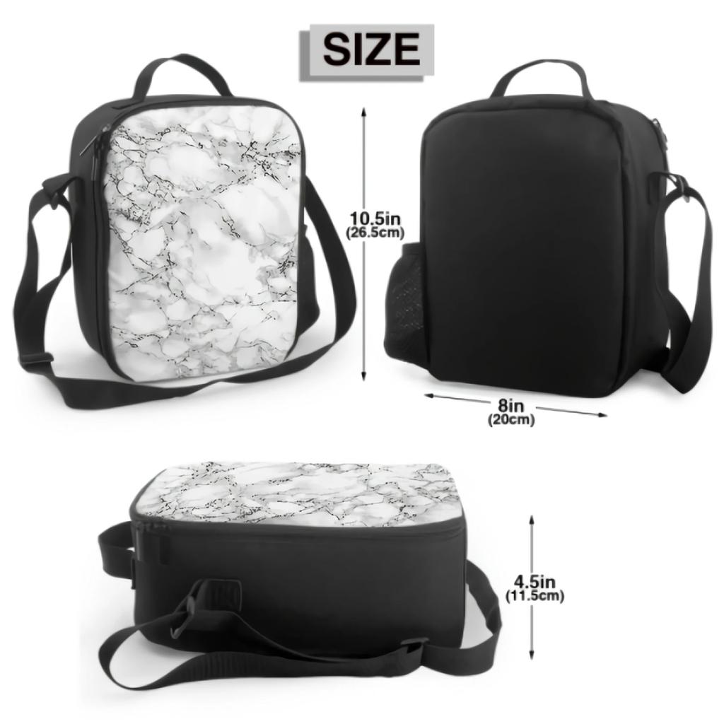 White Marble Print With Black Texture Thermal Lunch Bag for Kids Boys Girls Washable Tote Lunch Container for Work School Travel