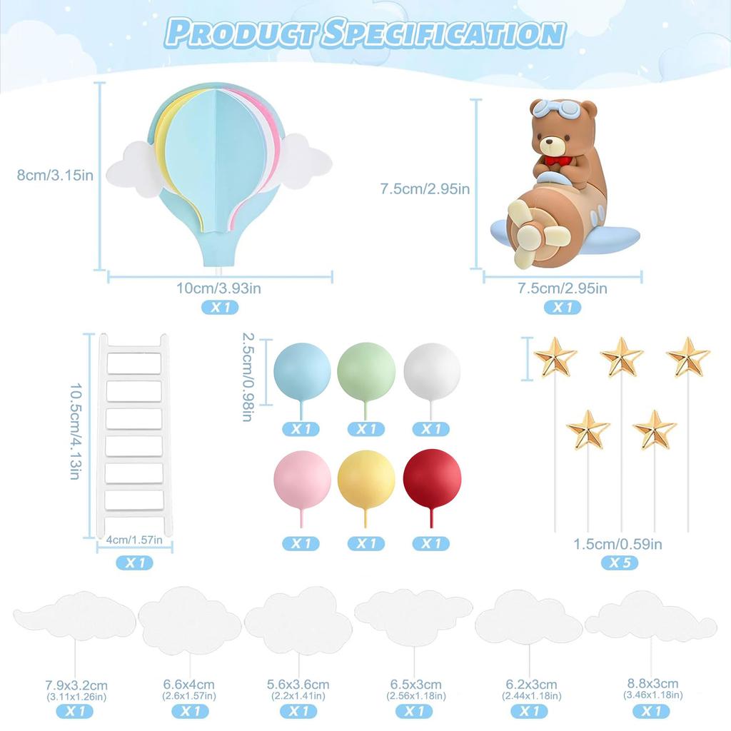 20pcs Airplane Cake Toppers with Bear Pilot Figurines Hot Air Balloon Colorful Balls for Themed Baby Shower Birthday Party Decor