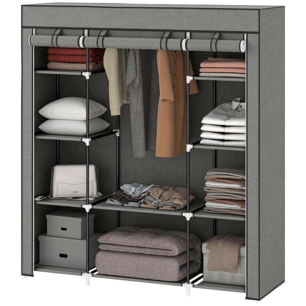 Clothes Storage Organiser with Hanging Rail, Shelves, Portable Wardrobe, Foldable Fabric Wardrobe, Dark Grey