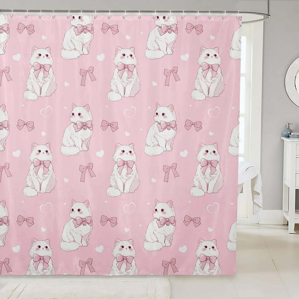Kawaii Cat Shower Curtains,Cute Pets Animal Bathroom Curtain Girls Boys Teens Adult Room Decor,Pink Bowknot Heart Waterproof