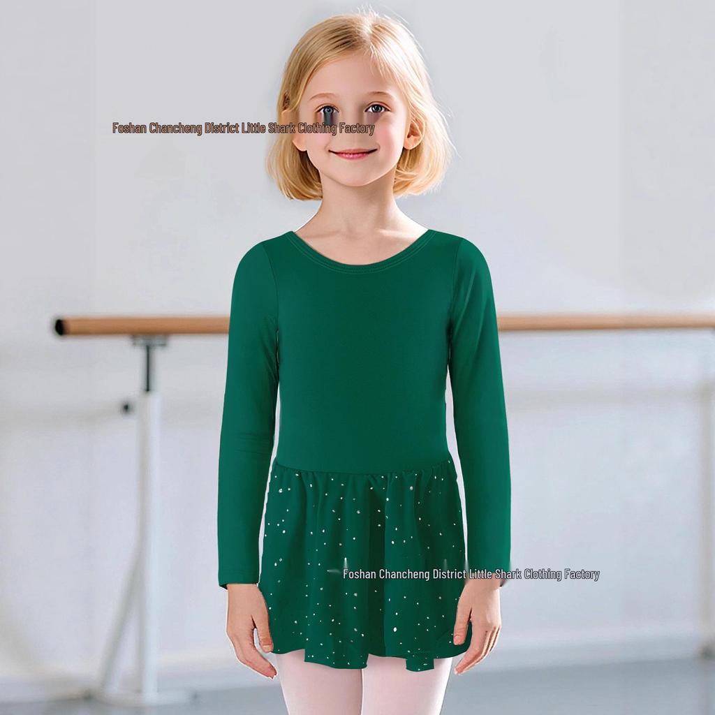 Mädchen Langarm Pailletten Ballett-Trikot mit Kreuzrücken und Rock