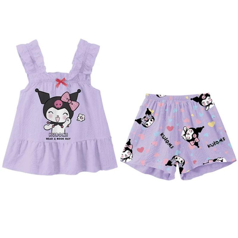 Children Suspender Set Summer Girl Pajamas Vest Shorts Cartoon Sleeveless Cute Melody Kuromi Cinnamoroll Soft Sleepwear 2PCS/Set