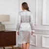 Women's Plus Size Sexy Solid Color Hot Silver Elastic Waist Midi Dress Slim V-Neck Long Sleeve Dress