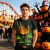 Halloween Graphic T-Shirt Unisex Short Sleeve Casual Loose Fit Top Haunted House Skeleton Design Comfortable Fabric