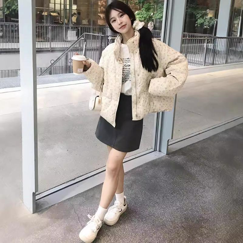 Fresh small floral short down cotton clothes for women's winter new college style thickened warm cotton-padded jacket