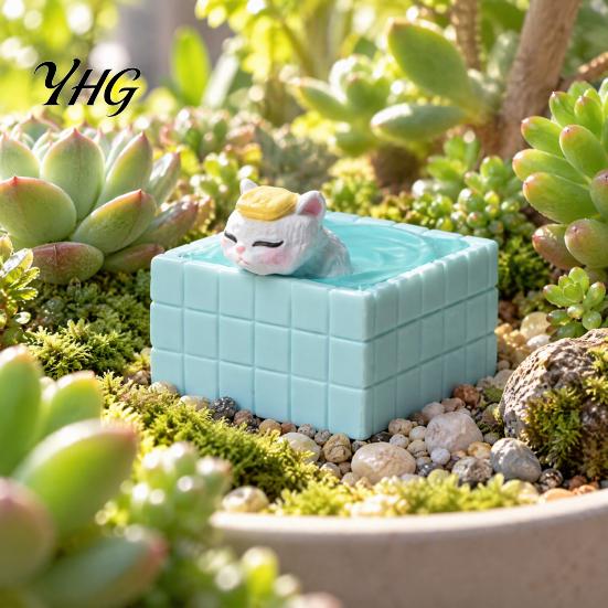 Decorative Cat in Bathtub Cute Bathing Figurine, Mini Kitten Blue Statue, Micro Landscape Charming Office Desk Decor Fairy Garden Ornament,