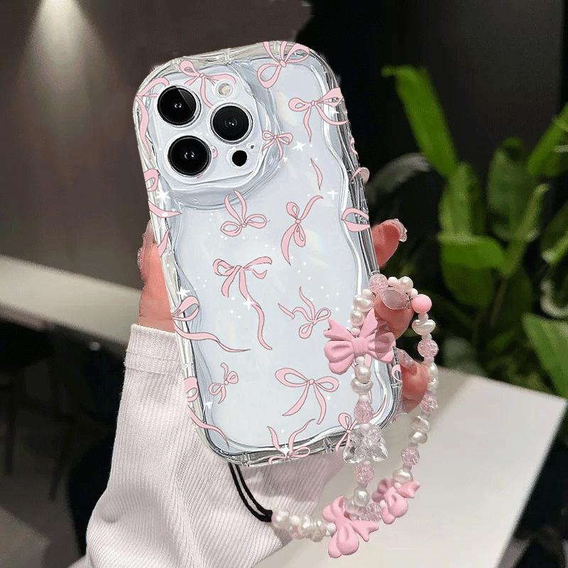 Case For Vivo V60 V40 V50 Lite Y31 5G Y33S Y21S Y28 4G Y17S Y04 Y03 Y29S Y28S Y18 Y400 Pink Bowknot Wrist Chain Cover