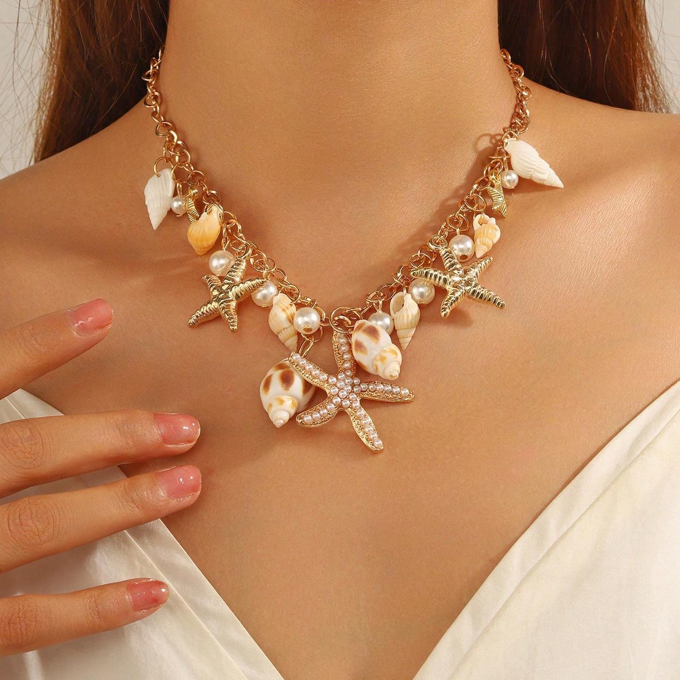 Bohemian Starfish & Seashell Pearl Pendant Adjustable Necklace