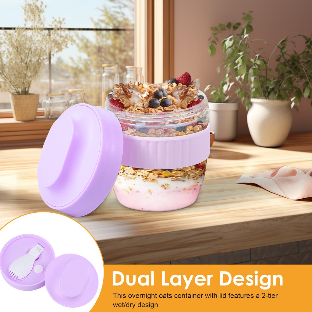 Double Layer Overnight Oats Container with Lid and Spoon Milk Fruit Salad Food Storage Jars Leakproof Meal Prep Breakfast Cup