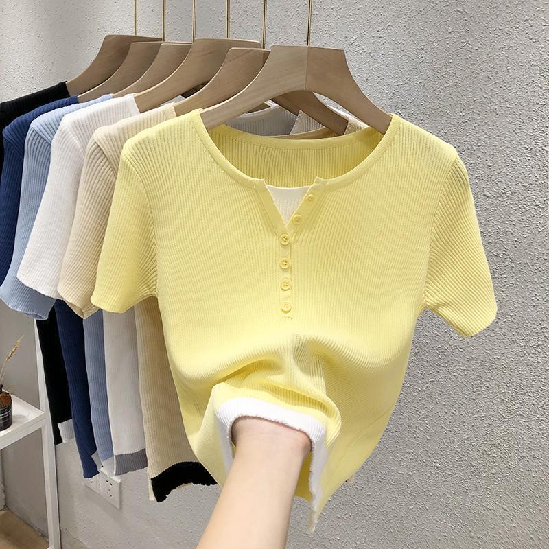 

Women s V-Neck Ice Silk Short-Sleeve Knit Crop Top, 2026 Summer Two-in-One Style, White Small жёлтый