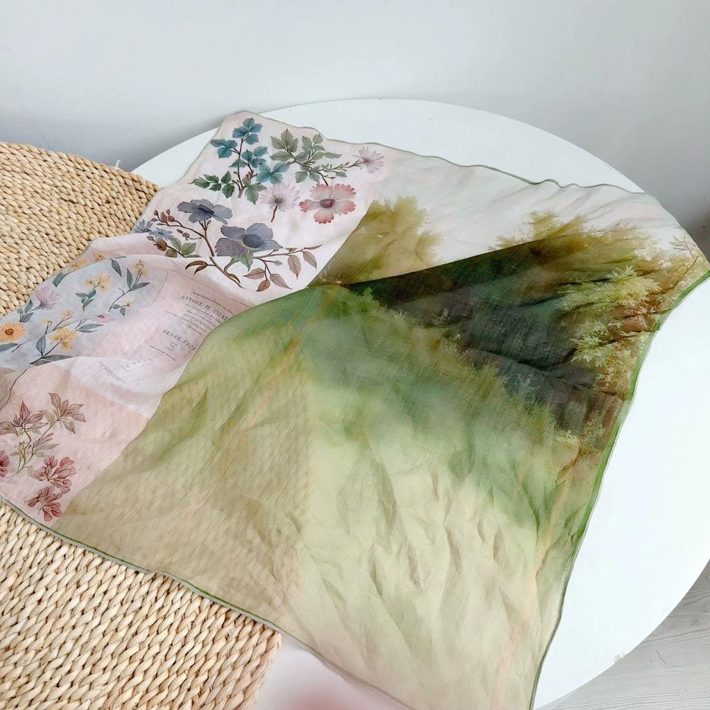 Spring And Summer Women Linen Floral Thin Neck Scarves Square Scarf Neckerchief Office Lady Hijab Headband Female Foulard