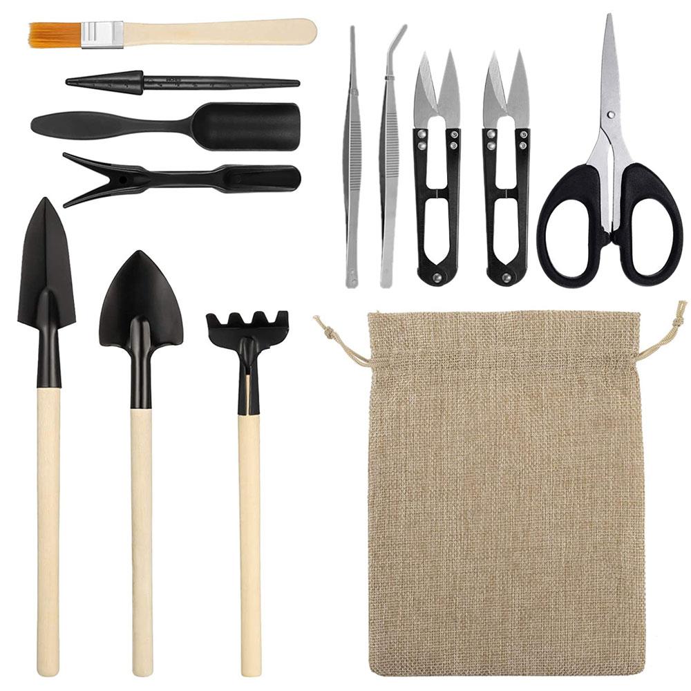 13pcs Mini Garden Shovel Rake Spade Scissors Bonsai Tools Set Wooden Handle Scissors for Flowers Potted Plant Garden Weeding