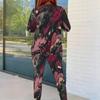 Women Plus Size Black Burgundy Printed Two Piece Set Round Neck Long Sleeve Top And Fitted Pants