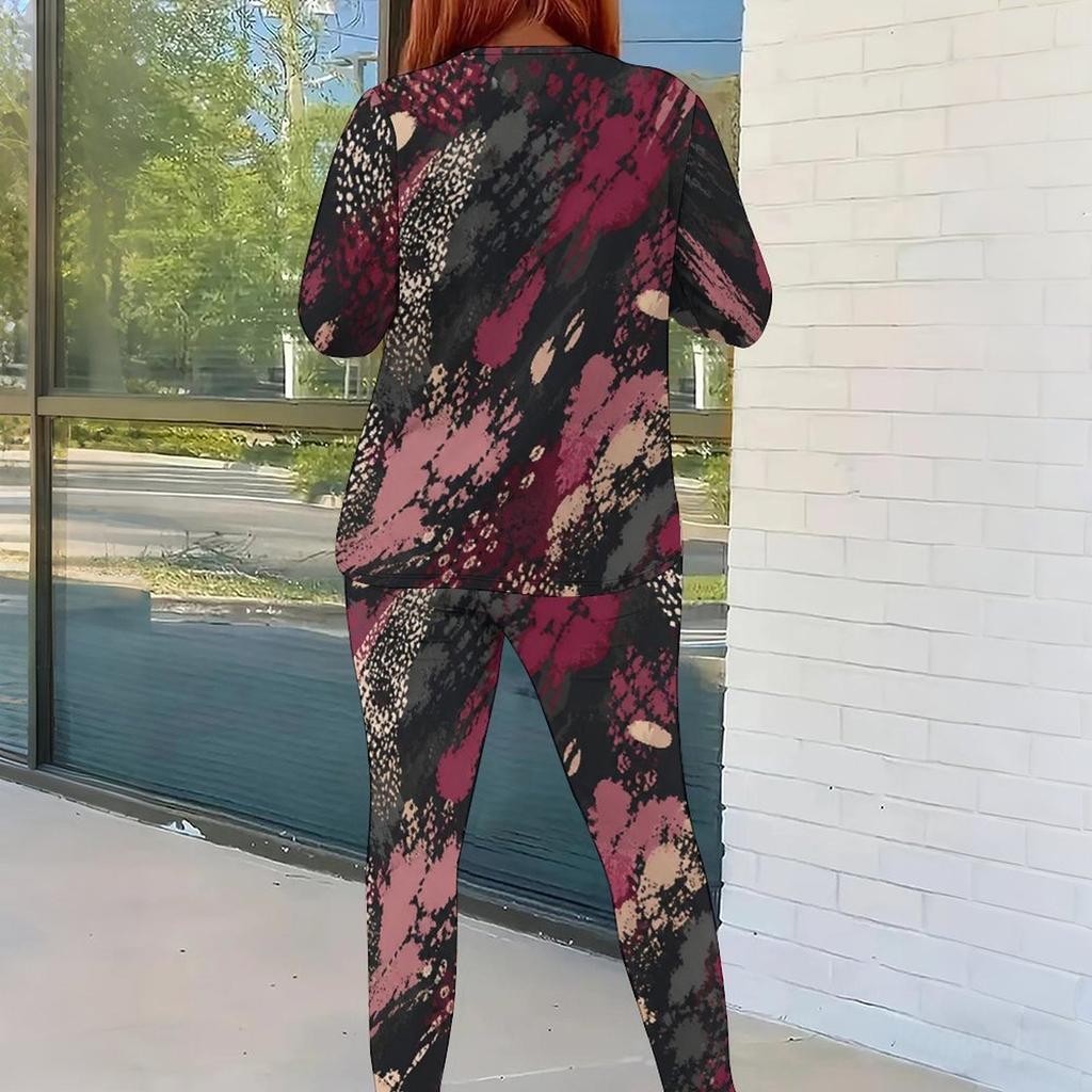 Women Plus Size Black Burgundy Printed Two Piece Set Round Neck Long Sleeve Top And Fitted Pants