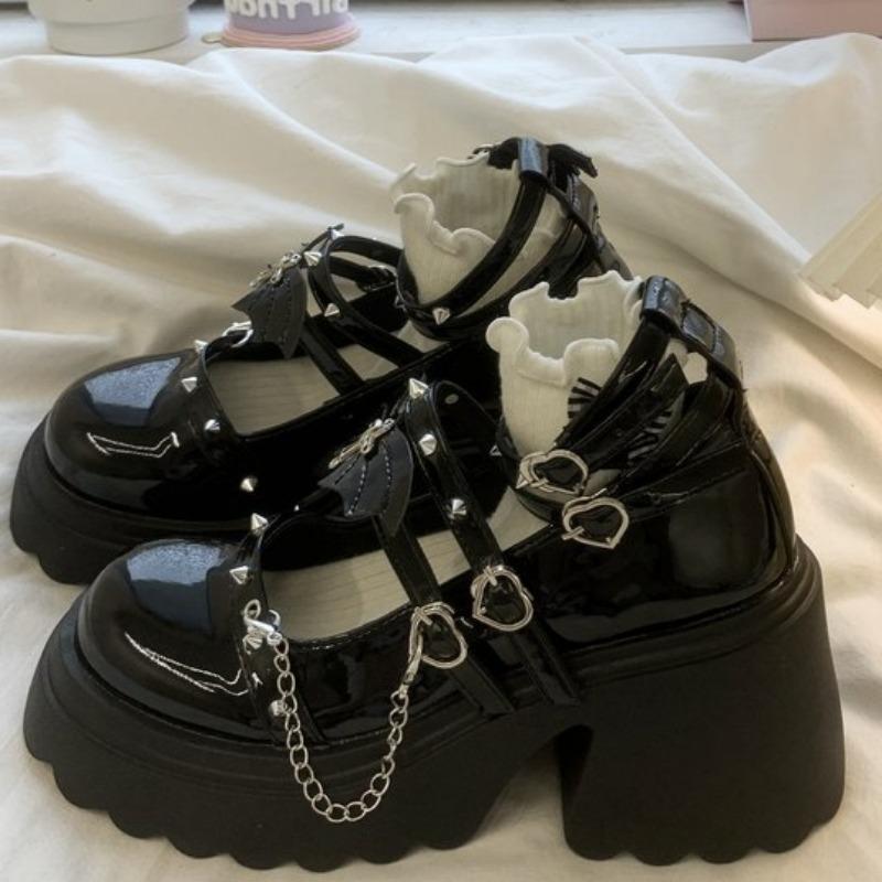 Fashion Spring Chunky Mary Jane Shoes for Women Round Head Shallow Mouth Rivet Waterproof Platform Anti-slip Wear-resistant High Heels