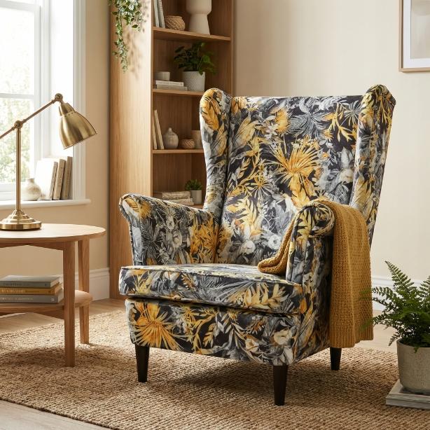 Ohrensessel Flowers Print mit gemustertem Veloursbezug im skandinavischen Stil – Family Meble