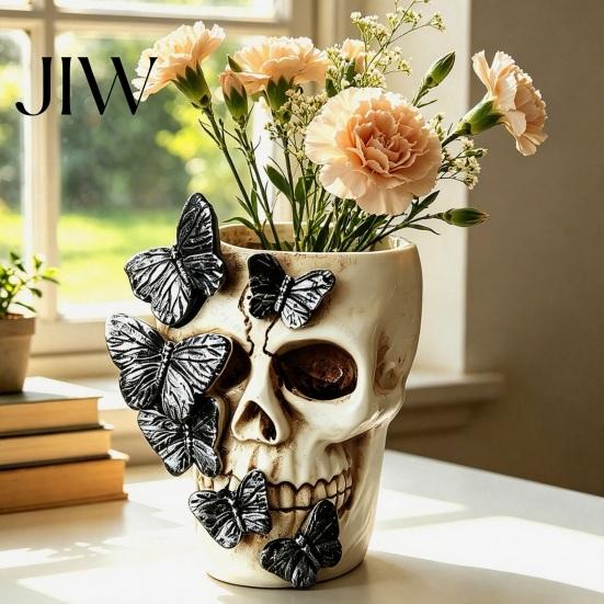 Unique Skull Ornament Black Butterfly Vase, Resin Skeleton Pen Holder, Gothic Flower Dark Aesthetic Stationery Arrangement Container, Creative Desktop
