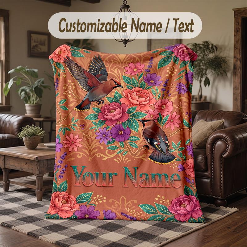 Uccelli Fiori Giardino 2 Tema Coperta Plaid Coperta Personalizzata con Nome Testo Coperta Morbida Accogliente per Casa Divano Letto