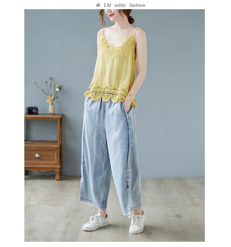 Women's Summer Lace Applique Tank Top – Sleeveless, Sexy, Loose Fit, Cotton with Edged Detailing