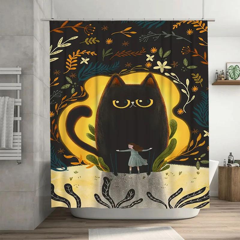 

Mystical Black Cat Art Print Waterproof Shower Curtain - Stylish, Durable & Easy-Care For Whimsical Bathroom Dcor W60H190(CM)-1 Pcs