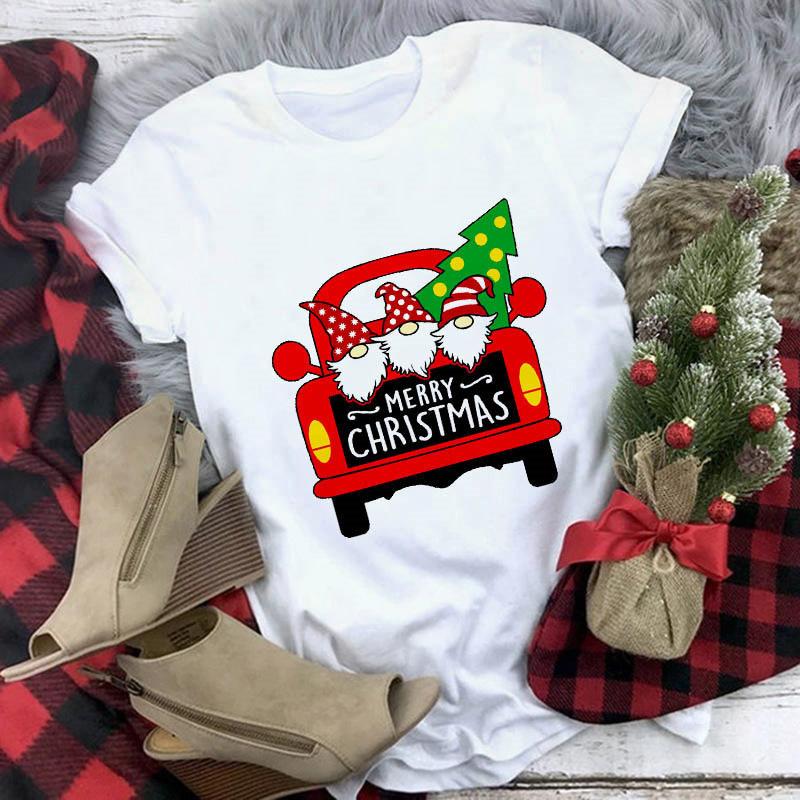 Women's Crew Neck Short Sleeve Graphic Print Christmas T-Shirts Loose Fit Casual Tees