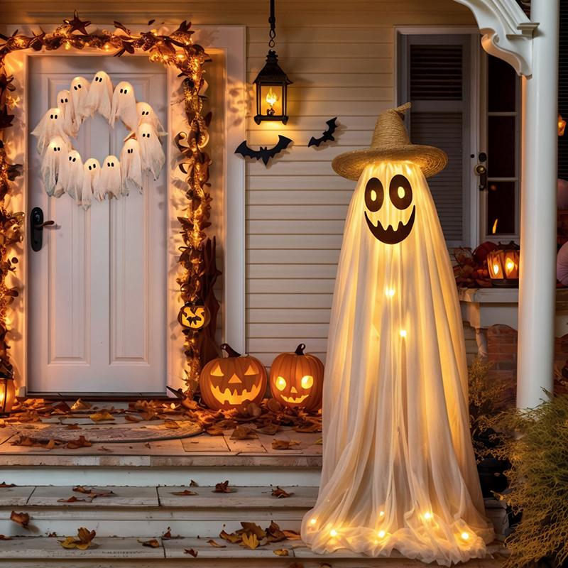 Halloween Ghost Wreath, 12 Led Light-Up White Ghost Garland, Spooky Indoor & Outdoor Hanging Decoration For Front Door, Wall