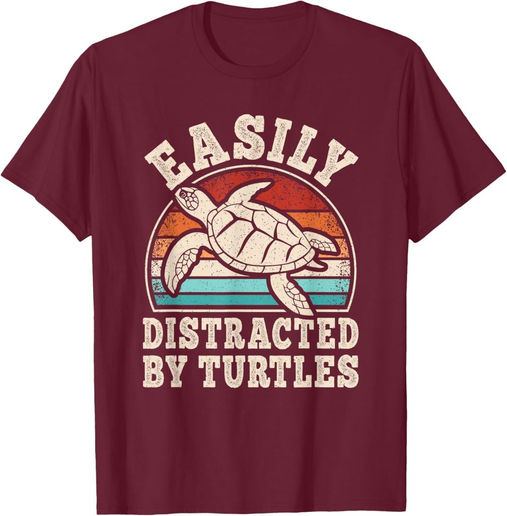 Easily Distracted By Turtles Graphic Tee Retro Sunset Sea Turtle Print Casual Cotton T-Shirt