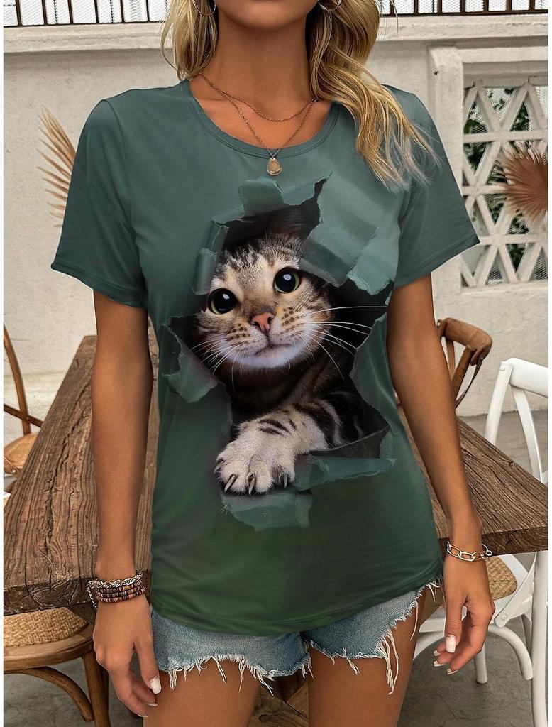 Süße Kätzchen T-Shirts Kawaii Katze 3D-Druck Sommer Damen Rundhals Kurzarm T-Shirt Harajuku Tees Y2k Tops Damenbekleidung