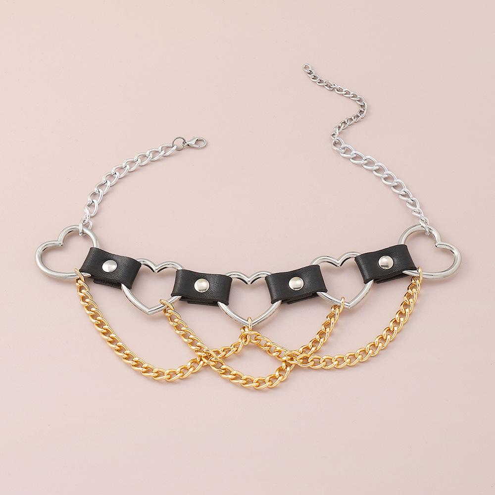 Women Hip Hop Punk Style Exaggerated Necklace Metal Texture PU Heart Jewelry Trendy Cool Personality Clavicle Necklace Jewelry
