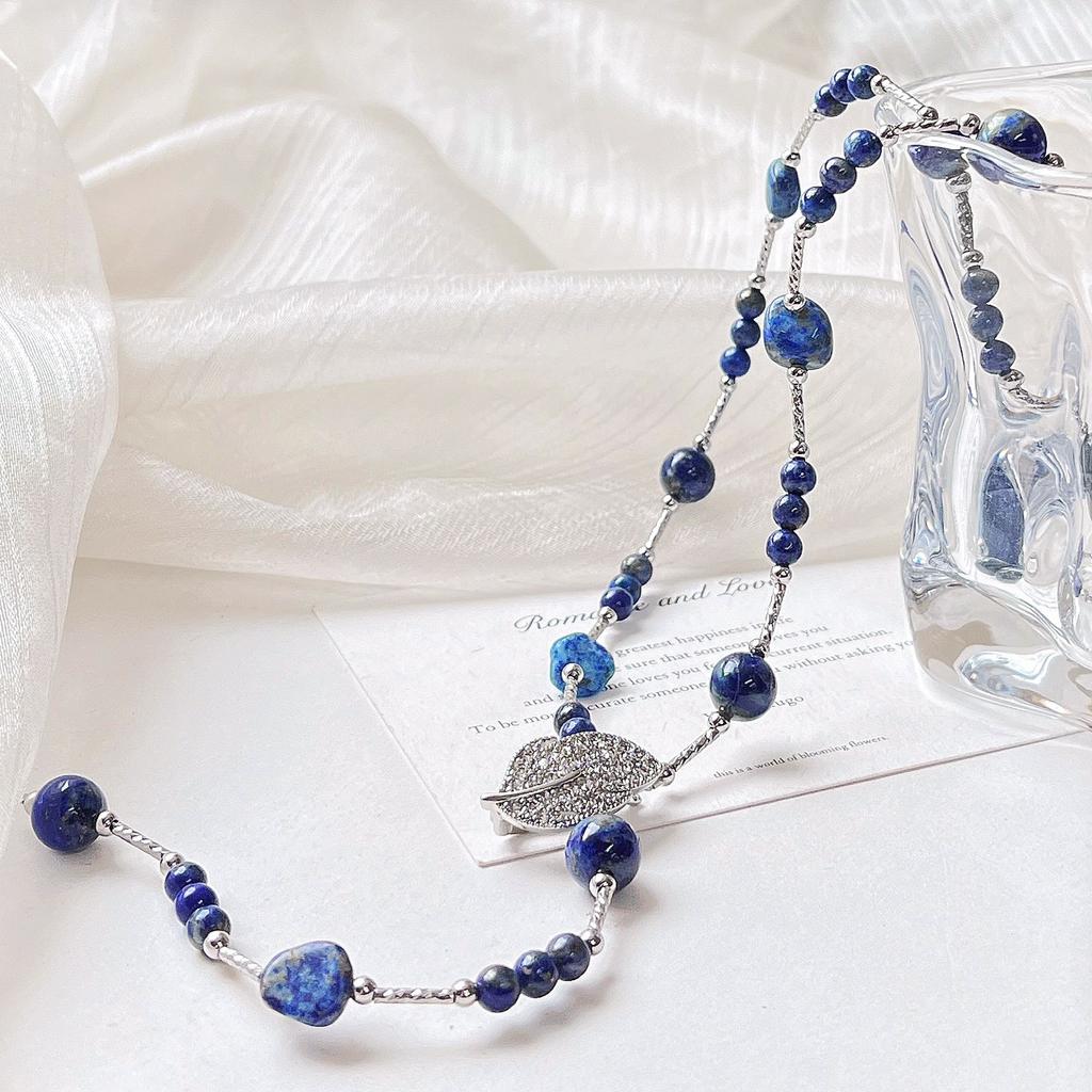 Autumn and Winter Vintage Boutiques Natural Lapis Lazuli Design Necklace Collarbone Chain Sweater Chain Women