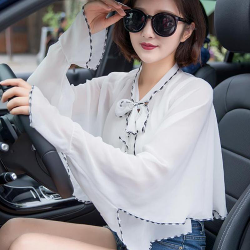 Thin Print Sunscreen Shawl Women Summer Uv Protection Riding Sunscreen Cloak Lady Poncho Capes Black