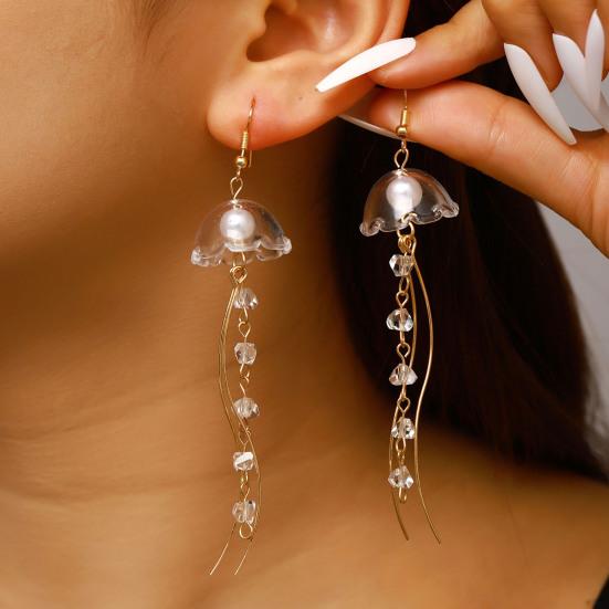 1 Pair Hook Earrings, Jellyfish Design Long Draped Tassel Earrings, Translucent Imitation Pearl Beads Drop Earrings for Beach Vacations Daily Wear