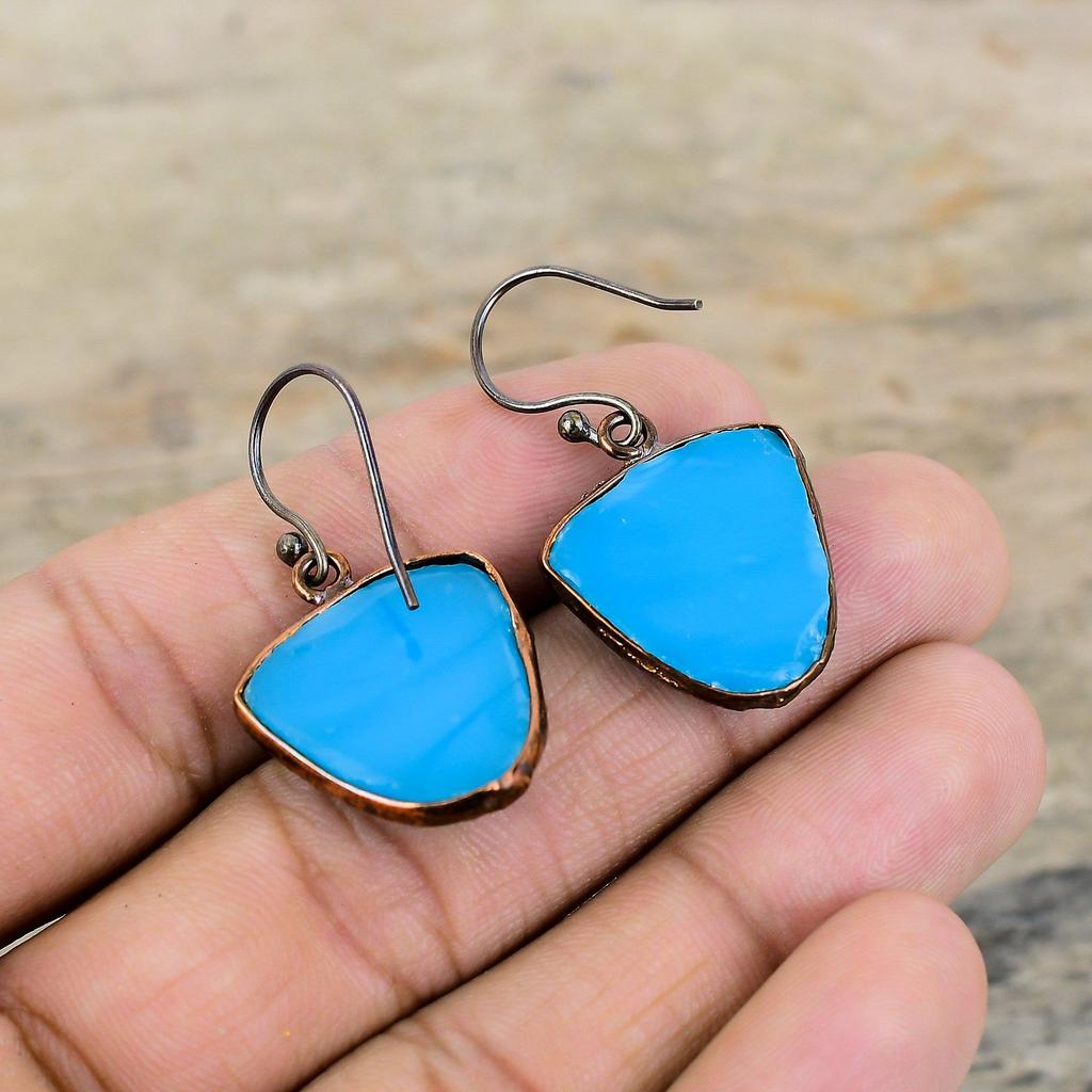 Carved Blue Onyx Earring Electroformed Copper Earrings Gemstone Copper Jewelry Handmade Decent Earring Electroformed Jewelry Engagement Gift