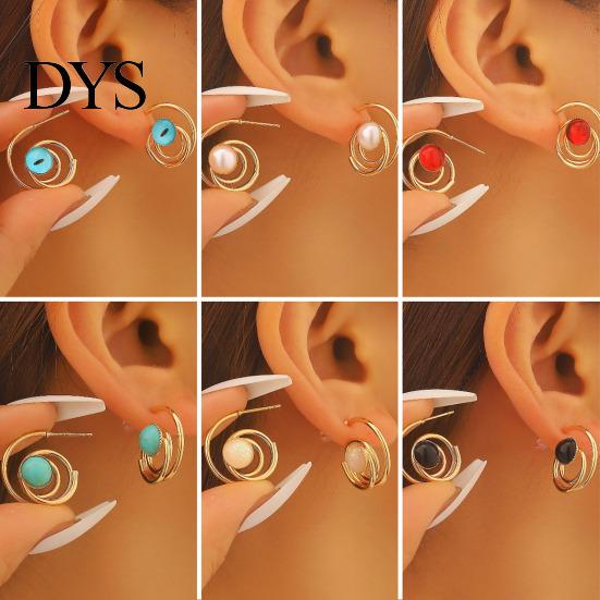 Golden Plated Earrings 1 Pair Women Hollow Spiral Design Multi-Color Lightweight Faux Gemstones Inlaid Electroplated Jewelry Accessories