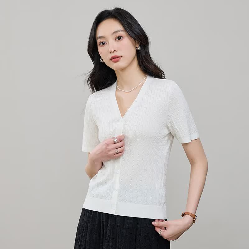ESE-Y Women s Lyocell Silk Blend Short Sleeve V-Neck Cable Knit Cardigan L