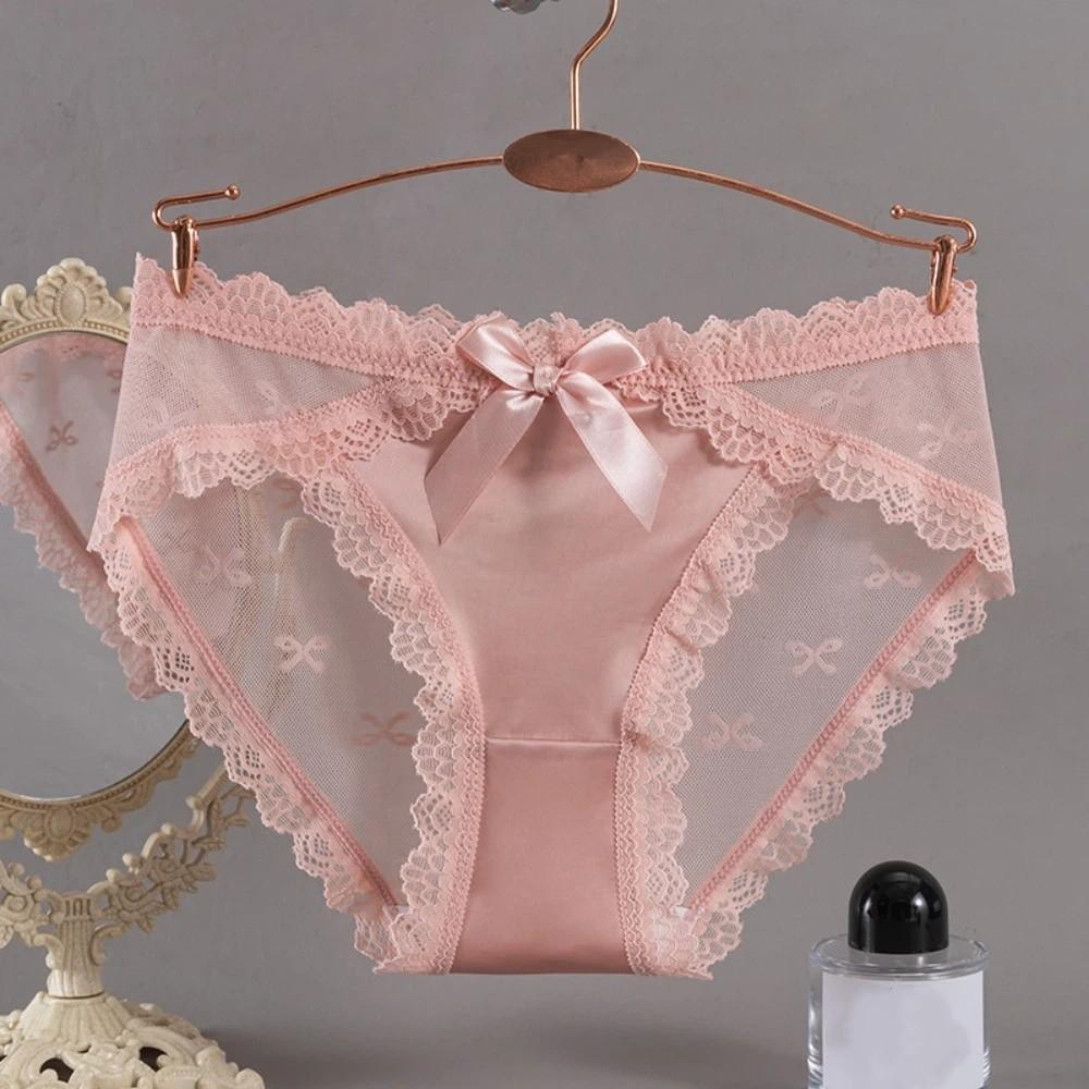 Bow Lace Panties Transparent Mesh Flower Briefs Breathable Underwear for Women  Lady