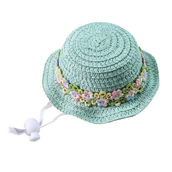 Yousheng Pet Straw Hat, Embroidered Floral Summer Cat Hat, Woven Scalloped Edge Pet Sun Hat with Adjustable Strap for Cats And Small Dogs