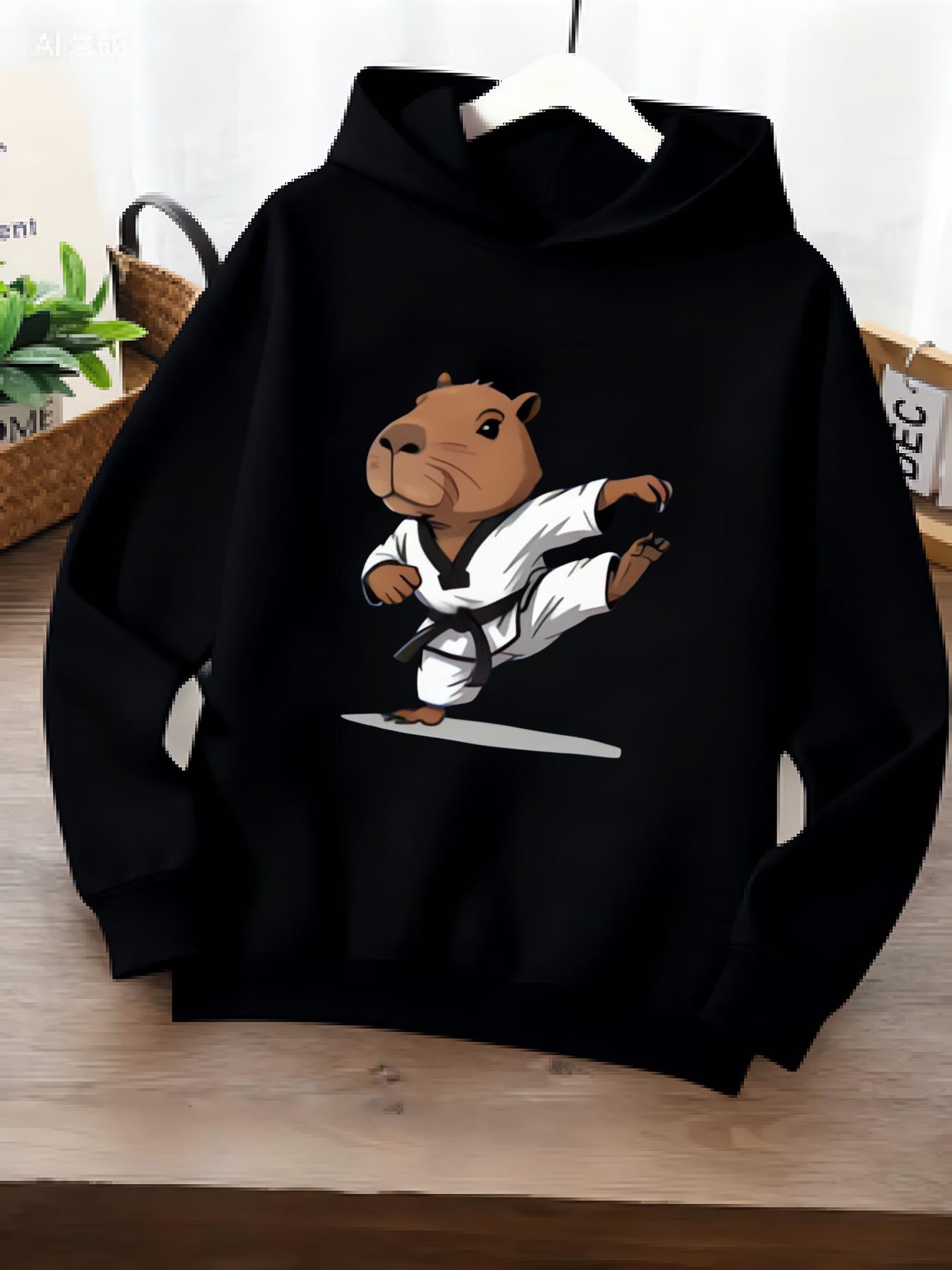 Karate Capybara Hoodie: A Cute Cartoon Printed Children s Sweatshirt With A Black Base And A Cool And Trendy Style 100