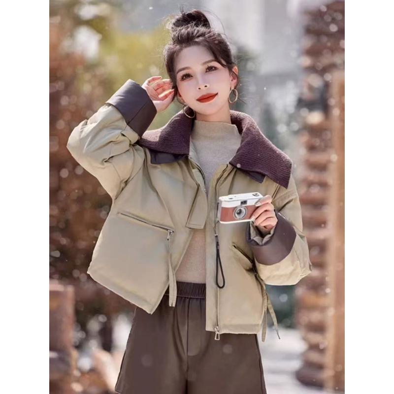 Women's short down cotton-padded jacket knitted lapel cotton-padded jacket versatile bread jacket small jacket