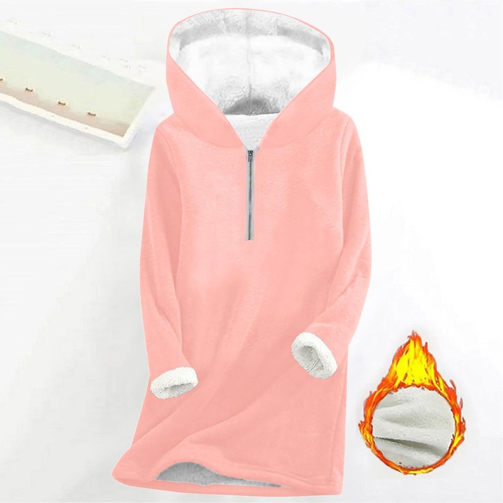 Fashionable women's fleece hooded solid color zipper long-sleeved top