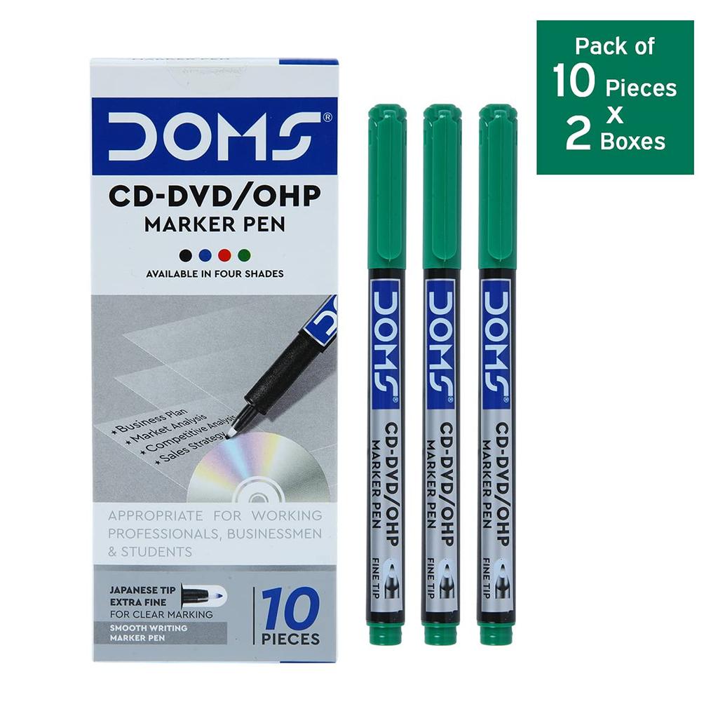 Doms Non Toxic CD DVD OHP Marker Pens Green Pack Of 1 20pcs For Office School Multi Surface Writing Labelling Smooth Ink