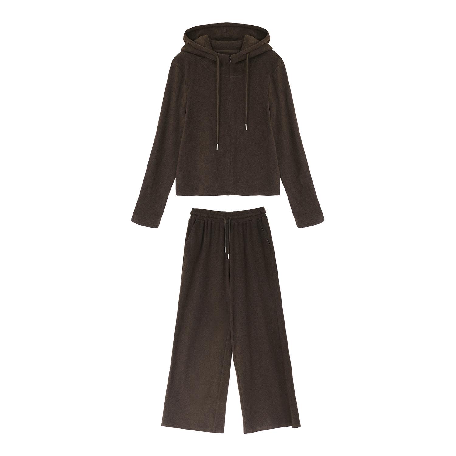 

Women s Plus Size Cozy Hooded Warm Velvet Two-Piece Set: Faux Two-Piece Top & Slimming Wide-Leg Pants 2XL (140-160 jin) кавовий