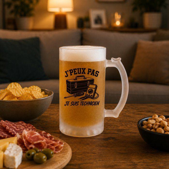 Verre à Bière J’peux pas je suis Technicien J'peux pas minimaliste | Chope Givrée en Verre Trempé 470 ml à Anse Recto Verso | Apéro