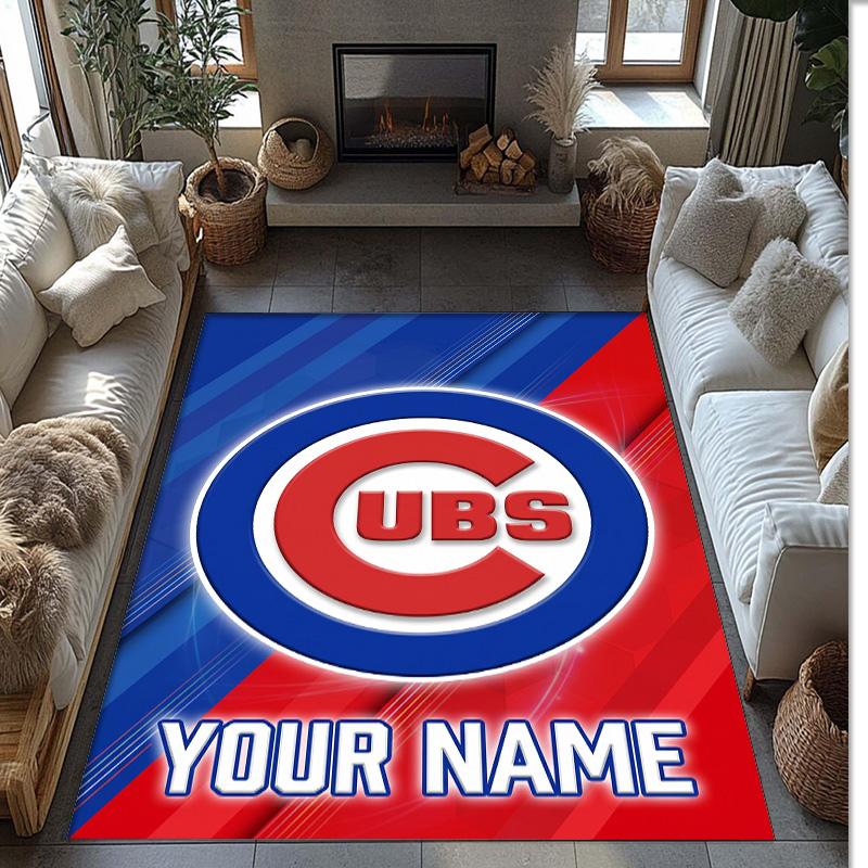 Chicago Cubs Crystal Velvet Rug, Custom Name Text Personalized Non‑Slip Floor Mat for Home Decor Gift