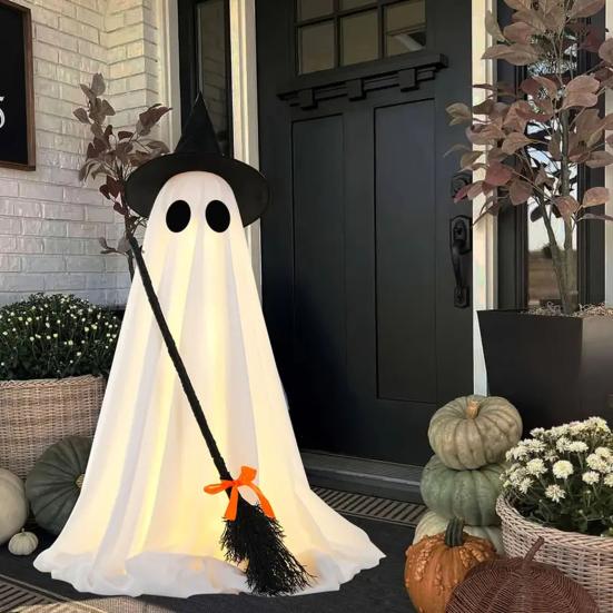 Glowing Ghost Decoration Halloween Light-Up Decoration, Spooky Witch Hat Ornament with LED Yard Light, Broom Decor for Outdoor Lawn Porch Holiday
