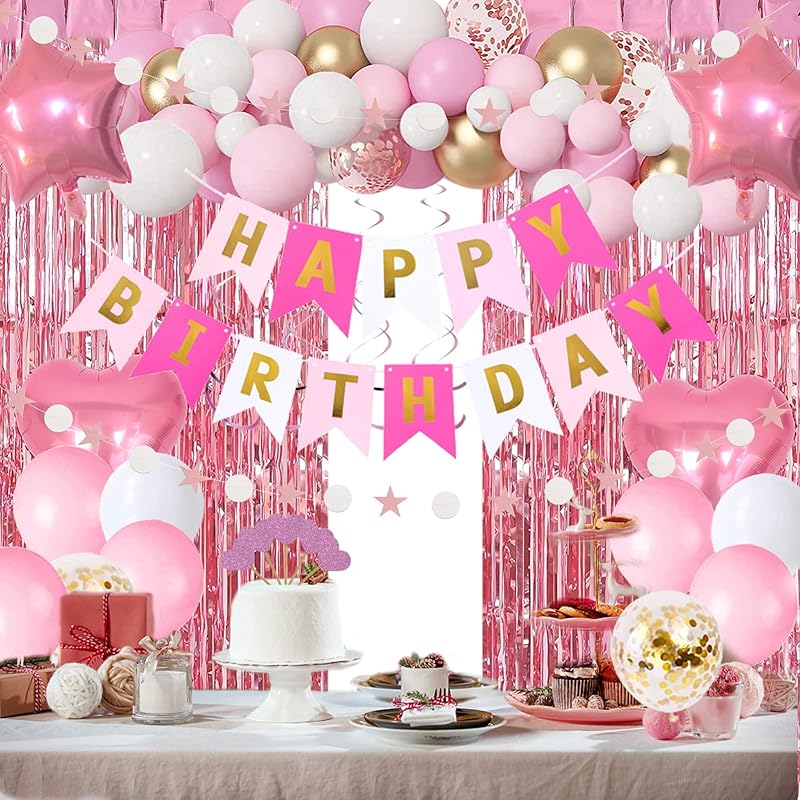 Rose Gold Birthday Party Decorations, Happy Birthday Banner, Rose Gold Fringe Curtain, Heart Star Foil Confetti Balloons, Hanging Swirls for Women