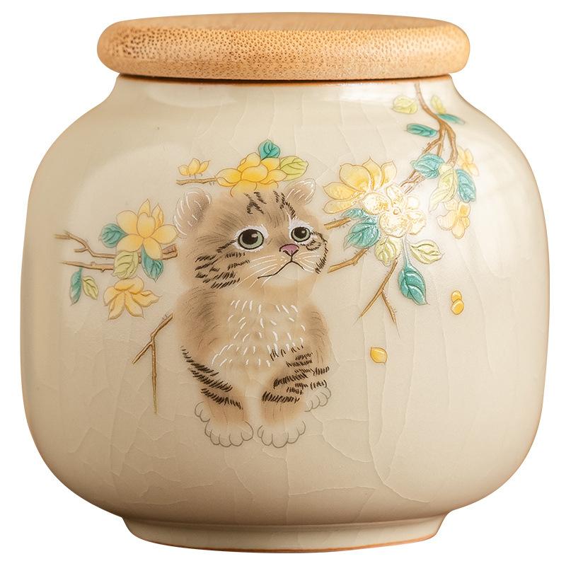 cute cat ceramic tea can small can portable car storage tea can moisture-proof sealed tea storage tank tea can